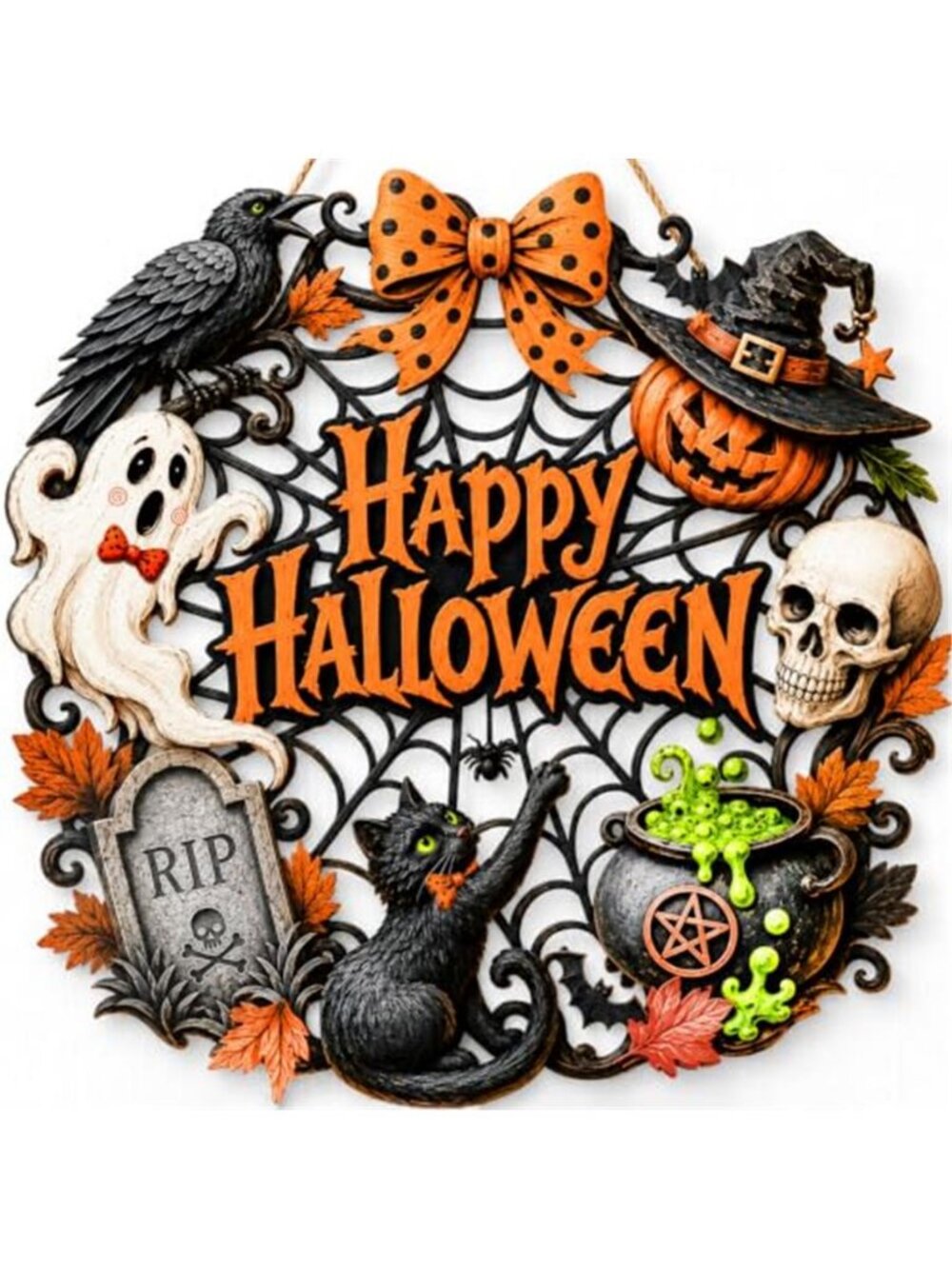 Halloween Door Decorations, Wooden Black Cat Pumpkin Wreath for Front Door